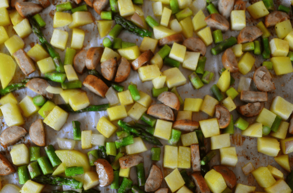 finished sheet pan veggies and sausage