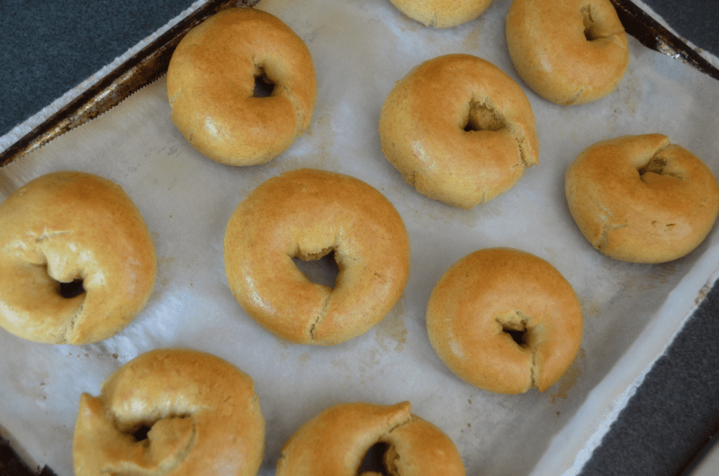 shiny browned bagels lined an a baking sheet  