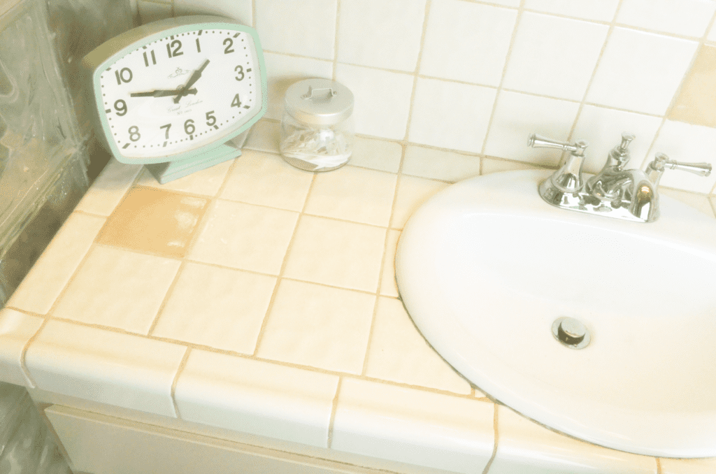 a bright bathroom sink sparkles clean with a light green clock and glass container off to the side.
