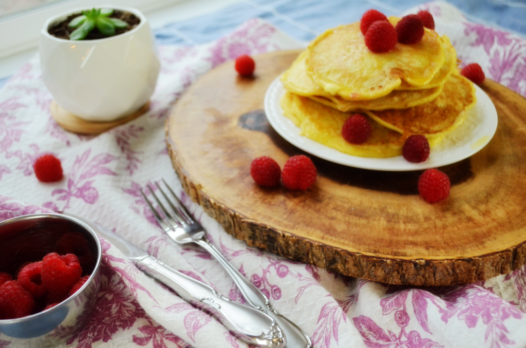 All purpose einkorn flour is used in these fluffy buttermilk pancakes. They are hot and ready for breakfast.