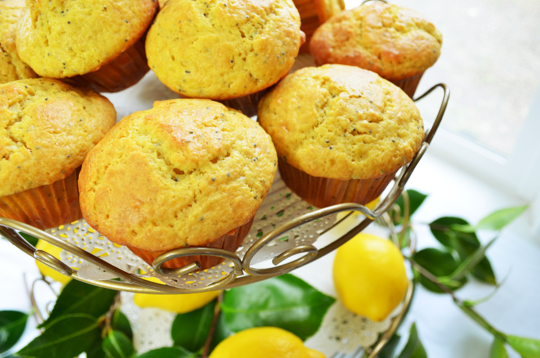 lemon poppy seed muffins displayed alongside bright yellow lemons