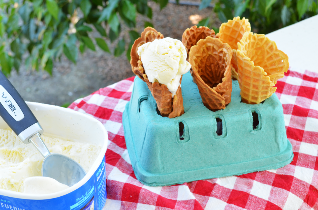 The einkorn waffle cone recipe makes these beautiful crunchy waffle cones filled with fresh vanilla ice cream.
