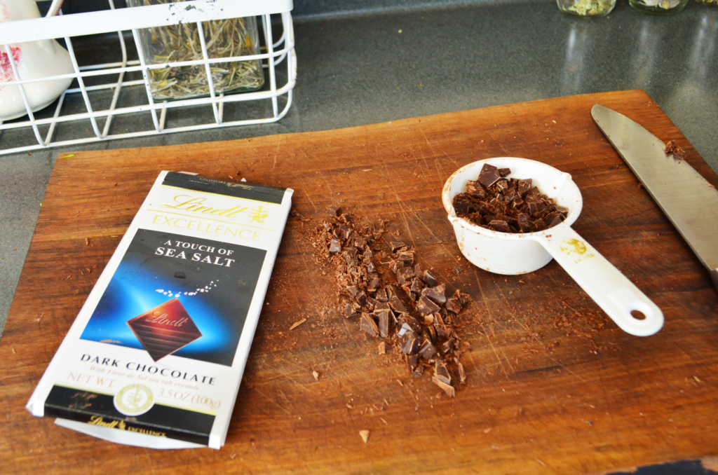 salted chocolate bar set out for making moist gluten free chocolate zucchini muffins with salted dark chocolate