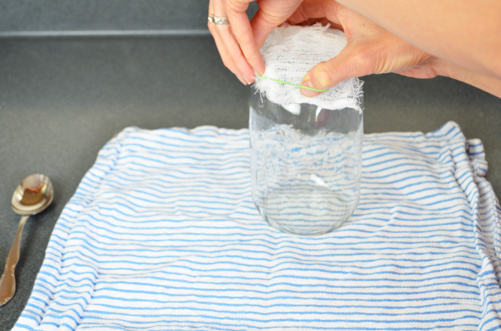 Putting the top onto a jar used for einkorn in sourdough starter