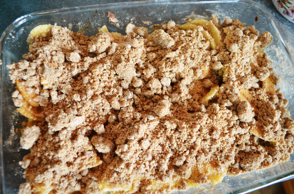 unbaked gluten free apple crisp recipe without oats is ready to put in the oven