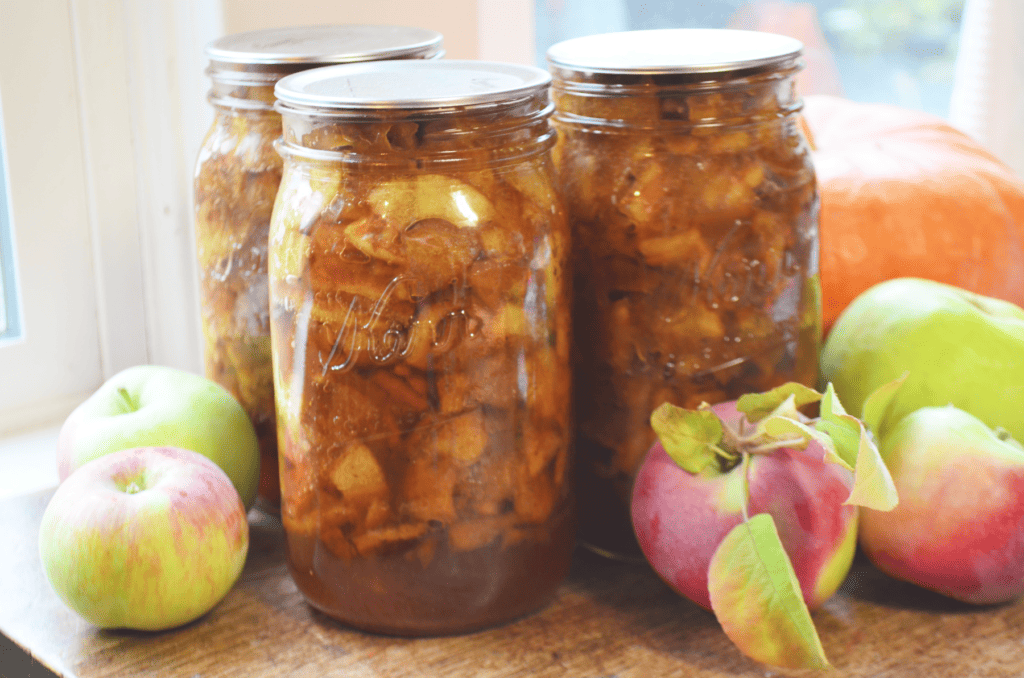jars of sweet apple pie filling among freshly picked apples