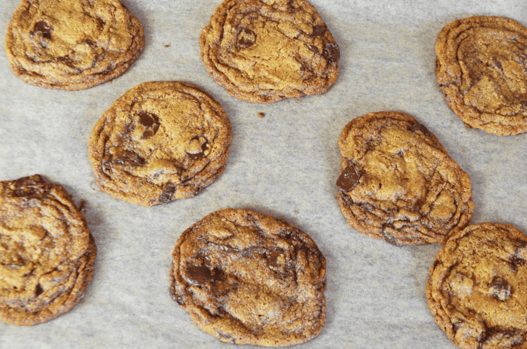 Fresh gooey whole wheat einkorn chocolate chip cookies with crinkled edges cool on a parchment lined baking sheet.