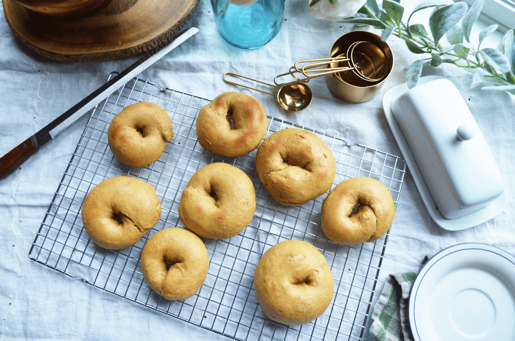 looking down on sourdough bagels made with whole wheat einkorn flour