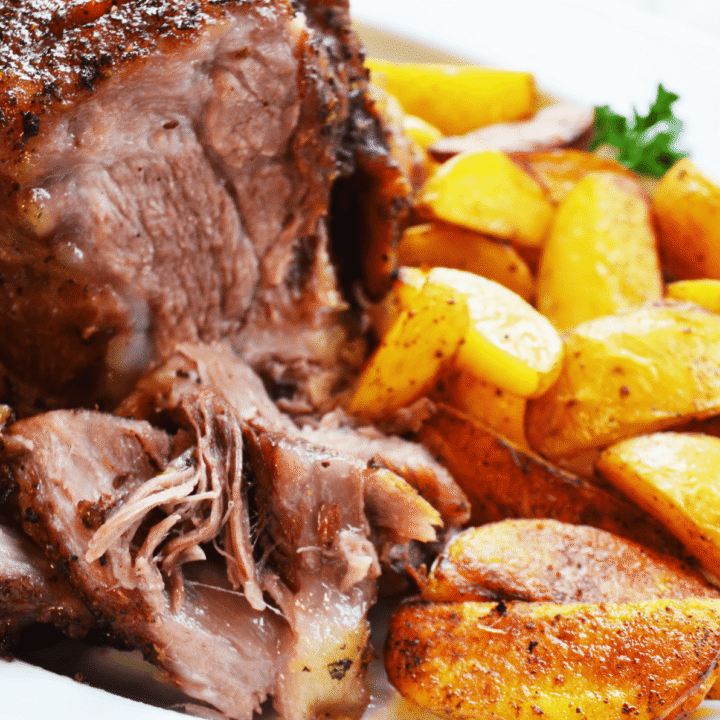 Maple honey glazed pork shoulder with potatoes