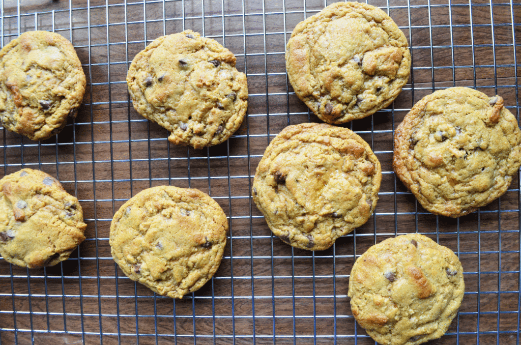a top view of golden browned sourdough chocolate chip cookies made with einkorn flour on a cooling rack.