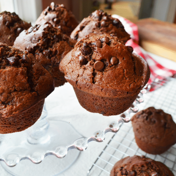 Double Chocolate Muffins made with Einkorn flour on a cake stand